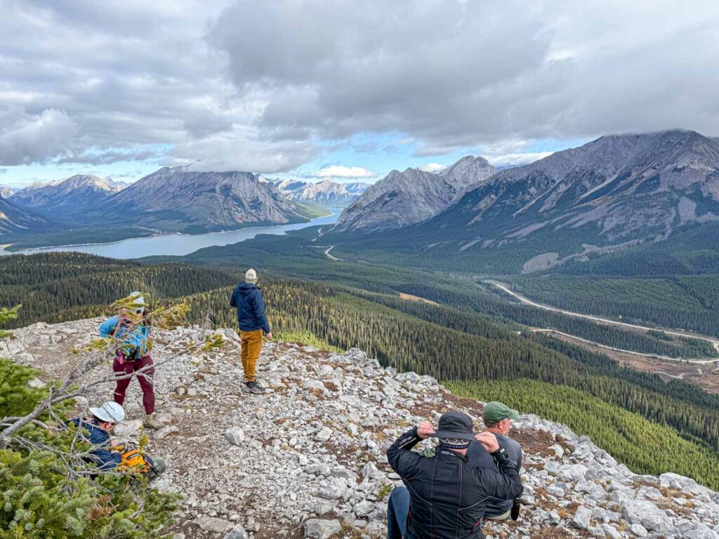 A popular rest area with a view of the Spray Lakes Reservoir on the Tent Ridge hike in Kananaskis.