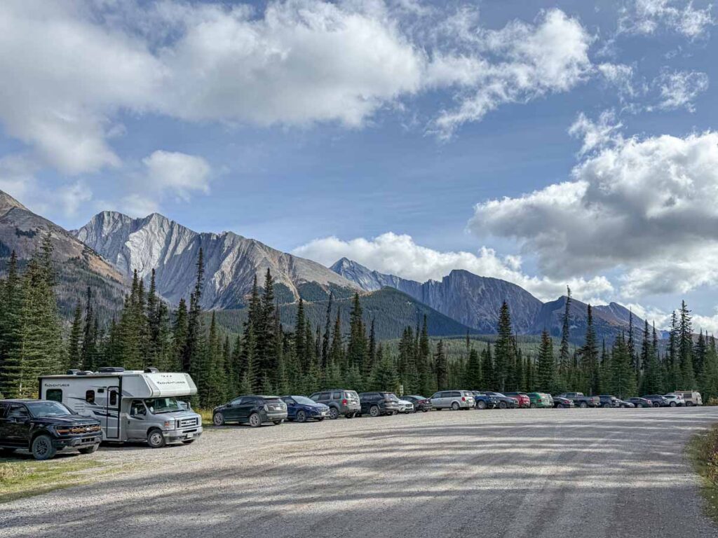 The Tent Ridge trailhead parking lot in the Mt. Shark area of Kananaskis Country.