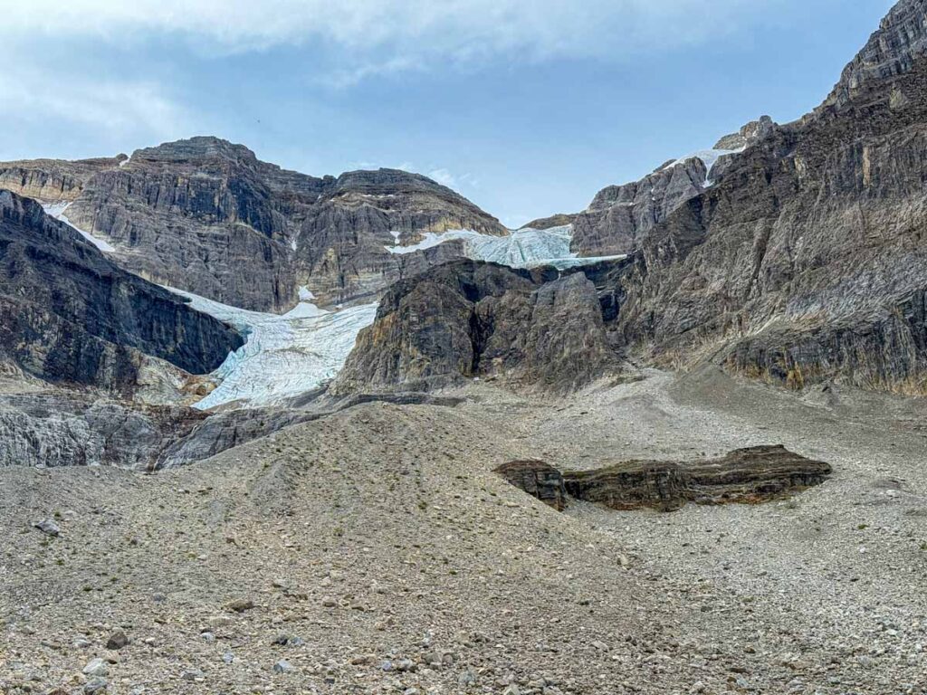 Blue ice is visible through cracks in the Stanley Glacier in Kootenay National Park.