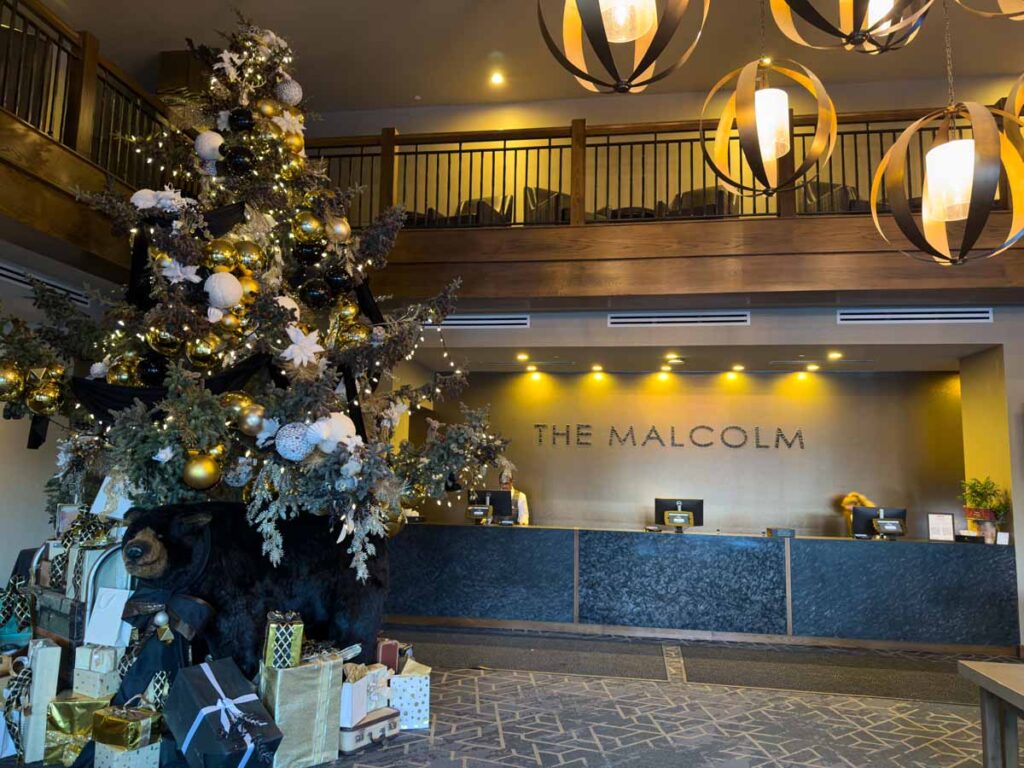 The lobby of the Malcolm Hotel in Canmore decorated for Christmas.