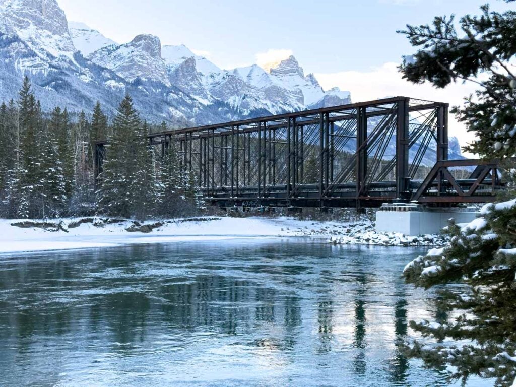 The Canmore Engine Bridge over the Bow River in Canmore in winter.