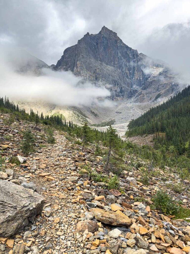 Clouds obscure a mountain peak on the Emerald Lake Basin Hike.