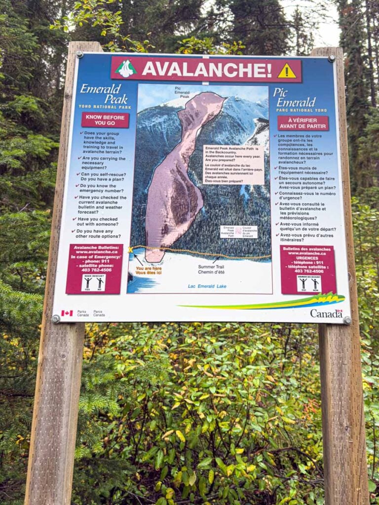 An avalanche area warning sign on the Emerald Lake Loop.