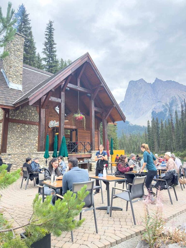 People eat on the outdoor patio at Cilantro on the Lake at the Emerald Lake Lodge.