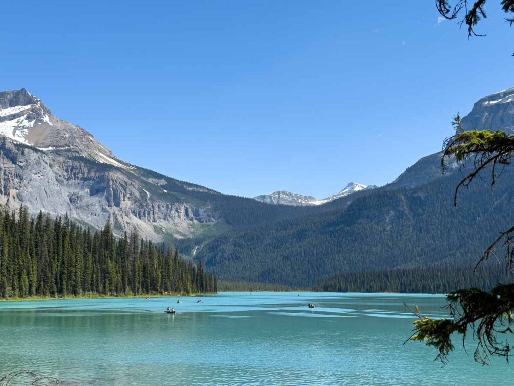 Several canoes on Emerald Lake in Yoho National Park.