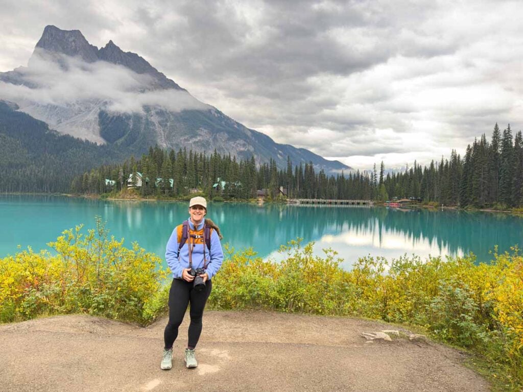 Celine Brewer, owner of TravelBanffCanada.com, hikes the Emerald Lakeshore Trail in Yoho National Park.