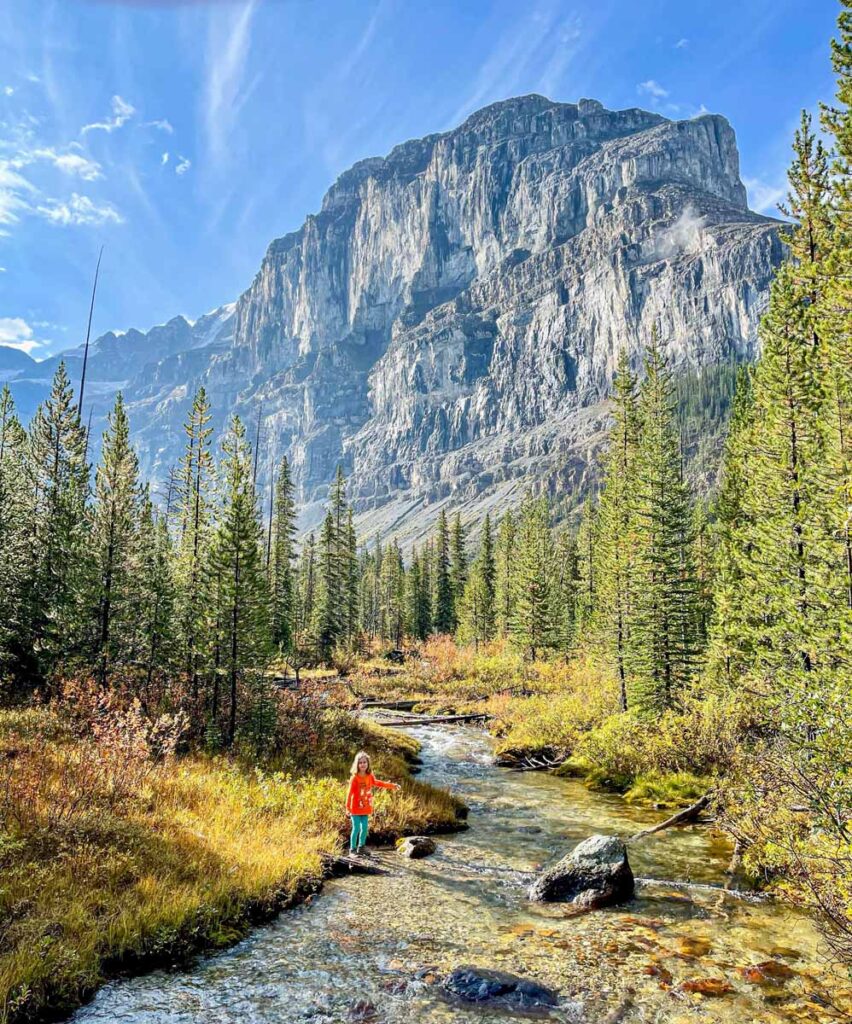 One of the Brewer kids, from TravelBanffCanada.com, stands by Stanley Creek while on a family hike on the Stanley Glacier Trail.