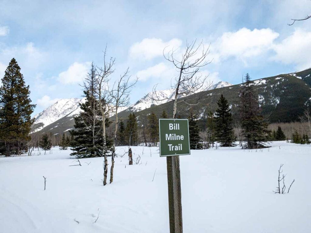 Bill Milne cross-country ski trail sign in Kananaskis Country.