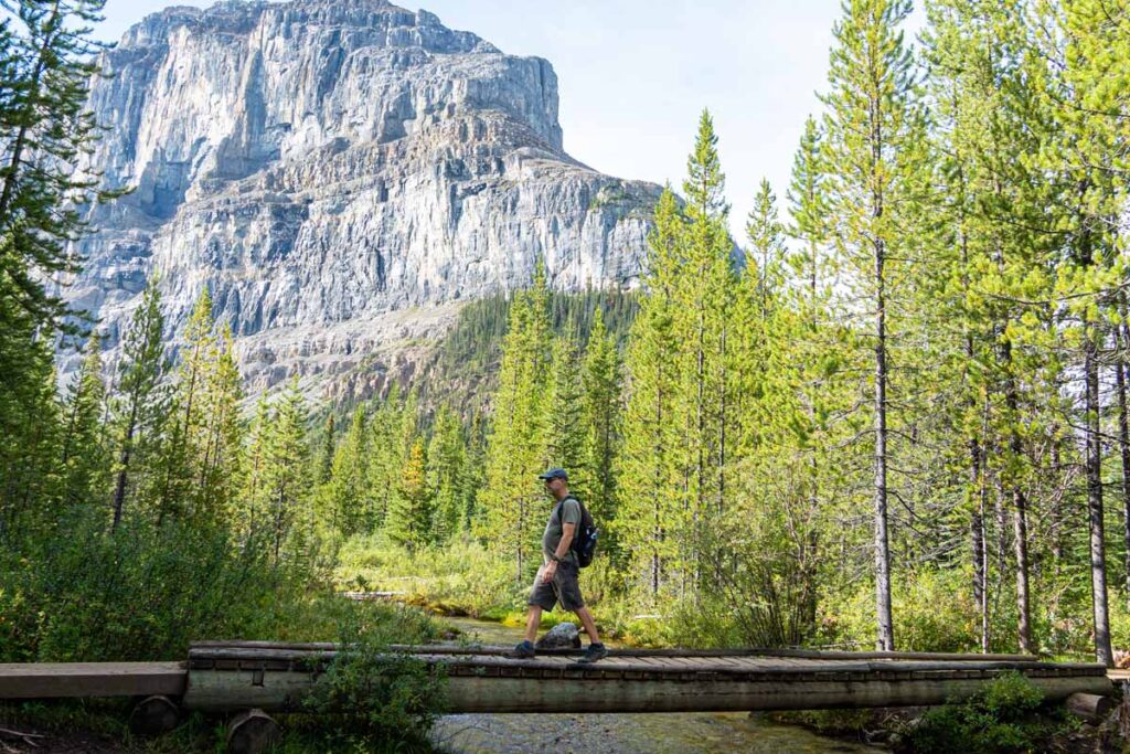 Dan Brewer, owner of the Travel Banff Canada blog, walks over a bridge over Stanley Creek in Kootenay National Park.