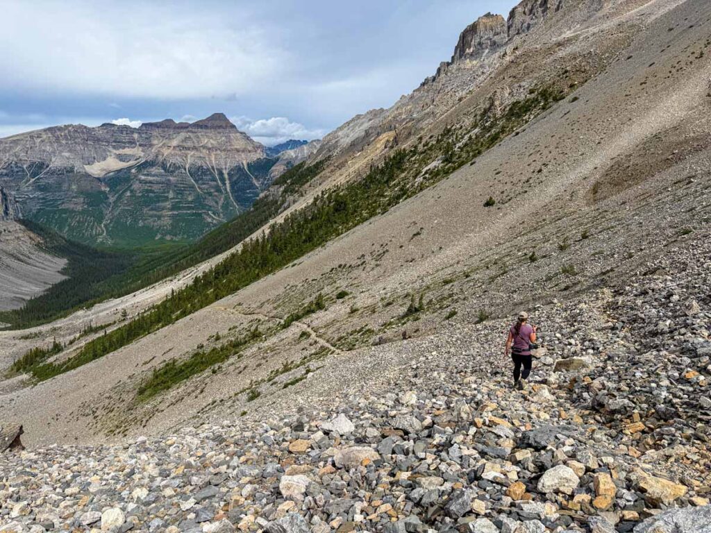 Celine Brewer follows the trail downhill through rocky scree on the Stanley Glacier hike.