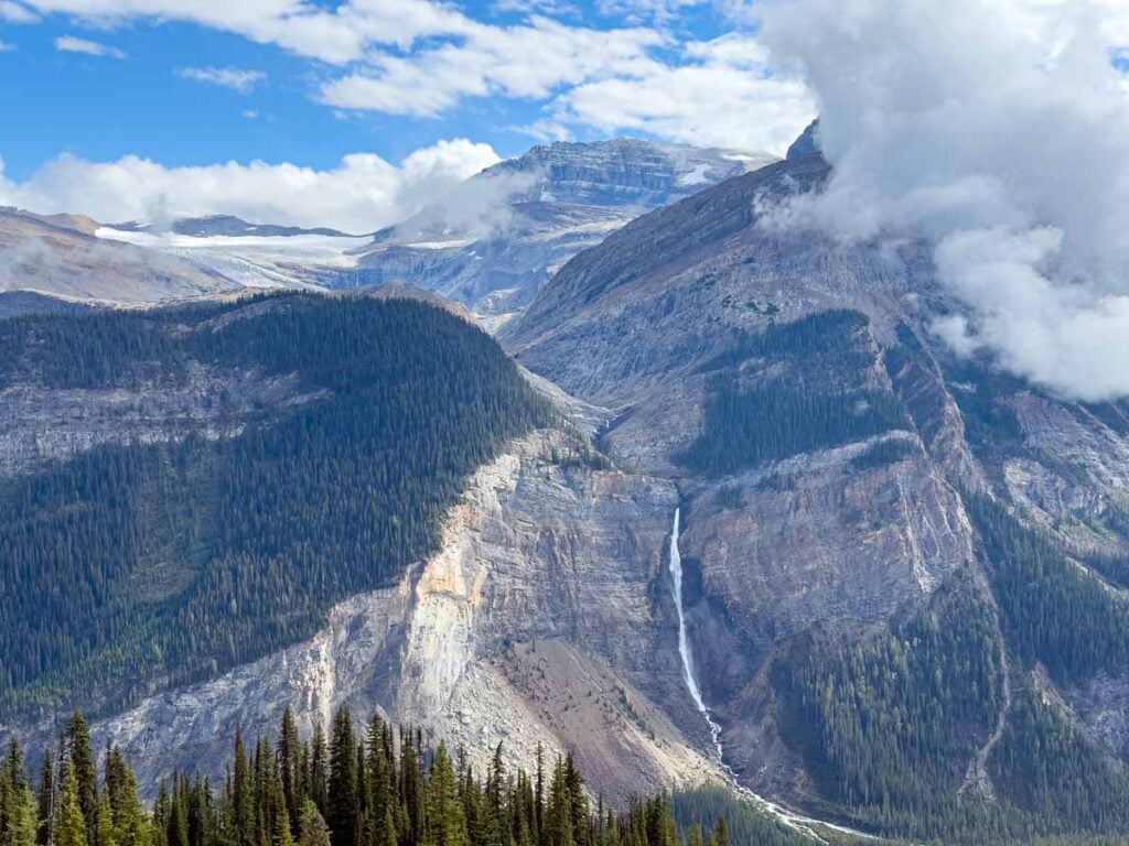 Takakkaw Falls and the Daly Glacier seen from the Iceline hiking trail in Yoho National Park.