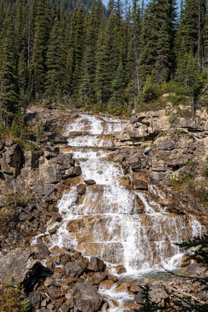 The waterfall behind Sherbrooke Lake in Yoho National Park.