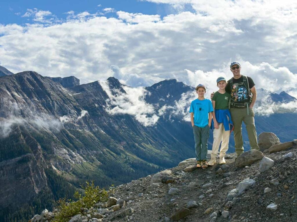 Dan Brewer, owner of TravelBanffCanada.com, hikes the Iceline Trail with his kids.