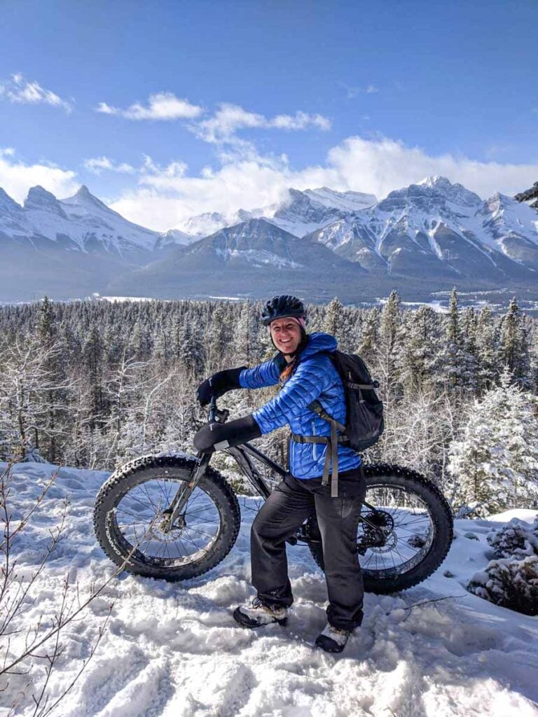Celine Brewer, host of the Banff Travel Podcast, rides her fat bike on the Horseshoe Loop in Canmore.
