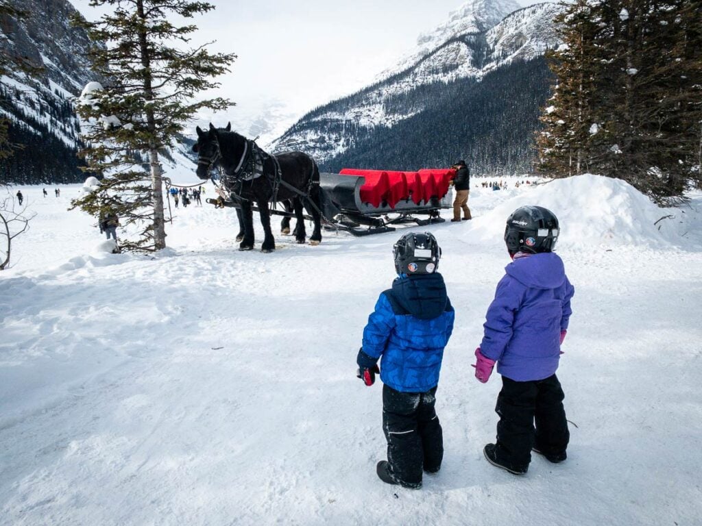 Two Brewer kids watching the horses and sleigh at Lake Louise in winter.
